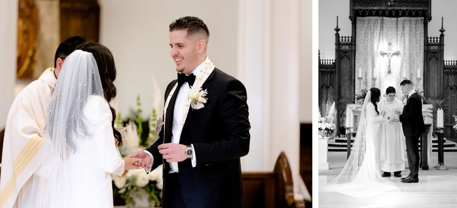 Side-by-side wedding ceremony photos showing both color and black-and-white perspectives.