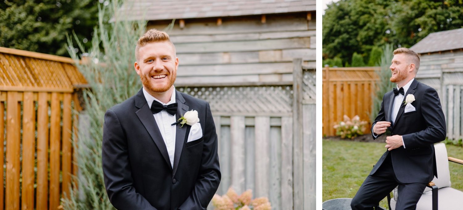 Two candid shots of groomsman in black tuxedo during outdoor wedding photoshoot.