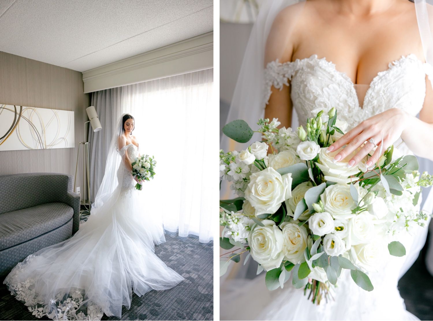 Split image showing bridal preparation and a white rose bouquet with eucalyptus.