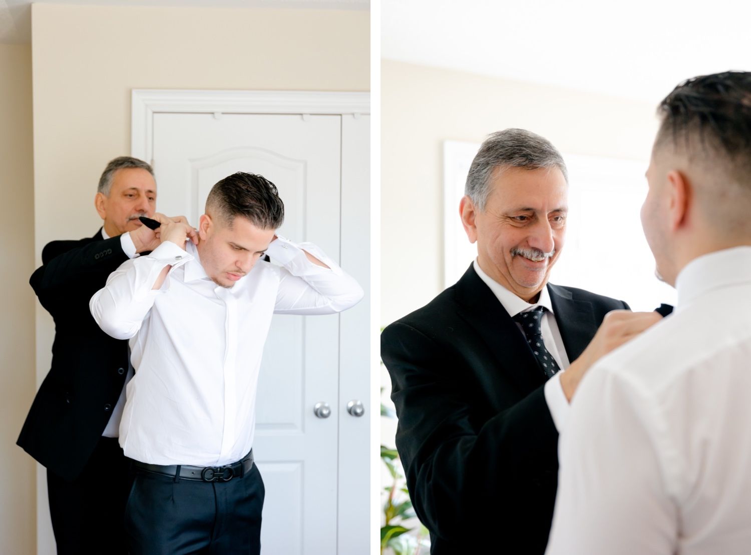 Getting ready moments between two men at a wedding preparation.