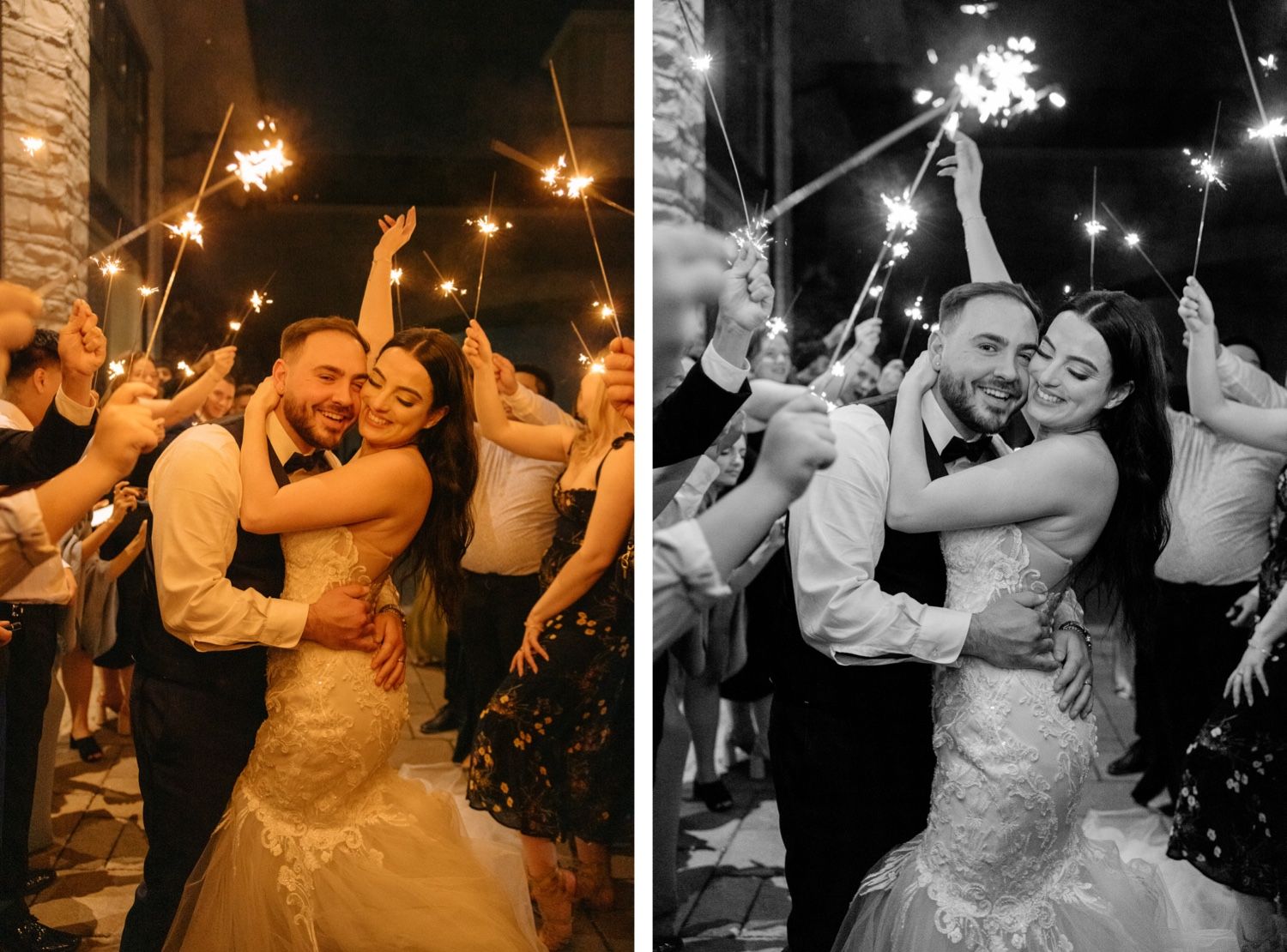 Joyful wedding sparkler exit celebration shown in color and black and white compositions.