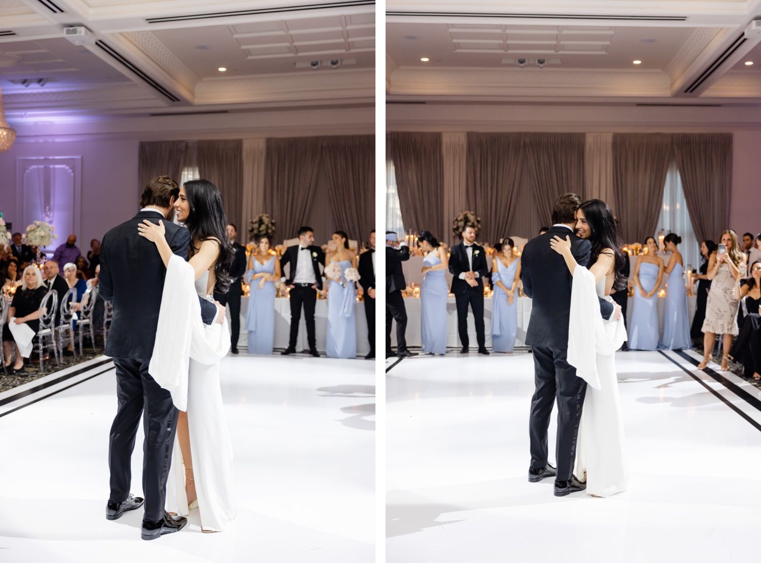 Couple performs their first dance on a white runway-style dance floor at elegant reception.