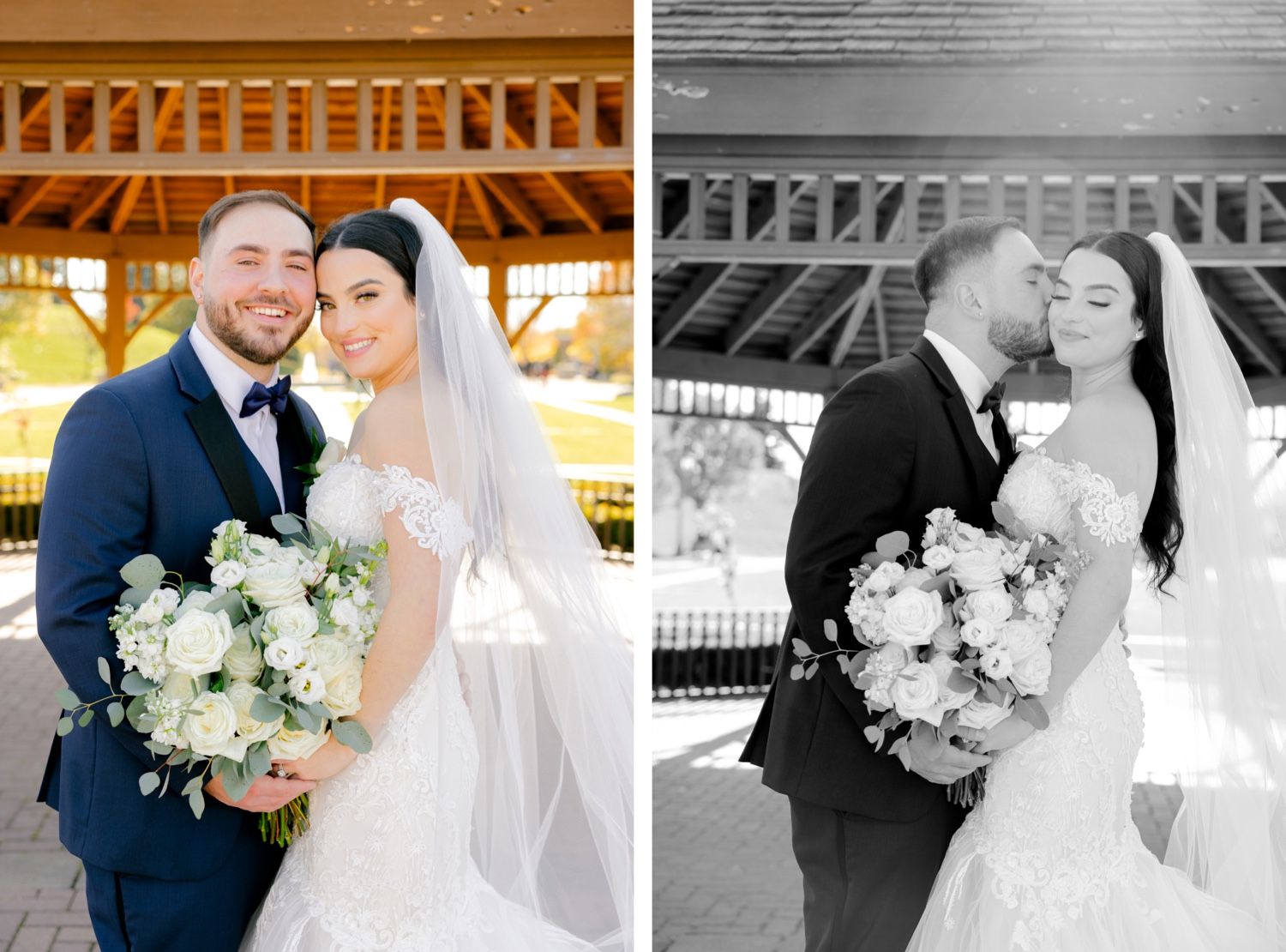 Side by side color and black-and-white portraits of newlyweds with bridal bouquet.