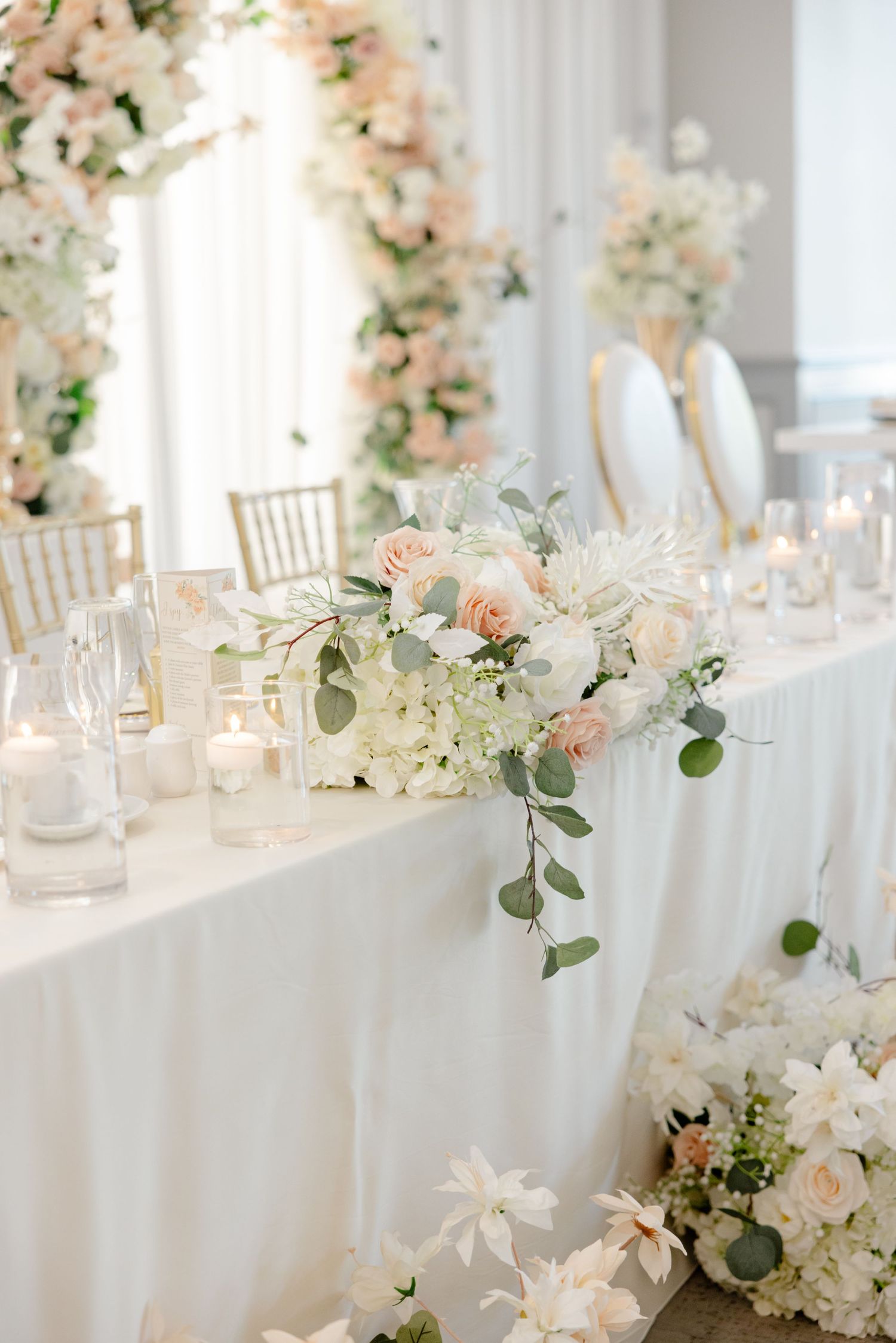Joyful celebration moment in white wedding reception venue.