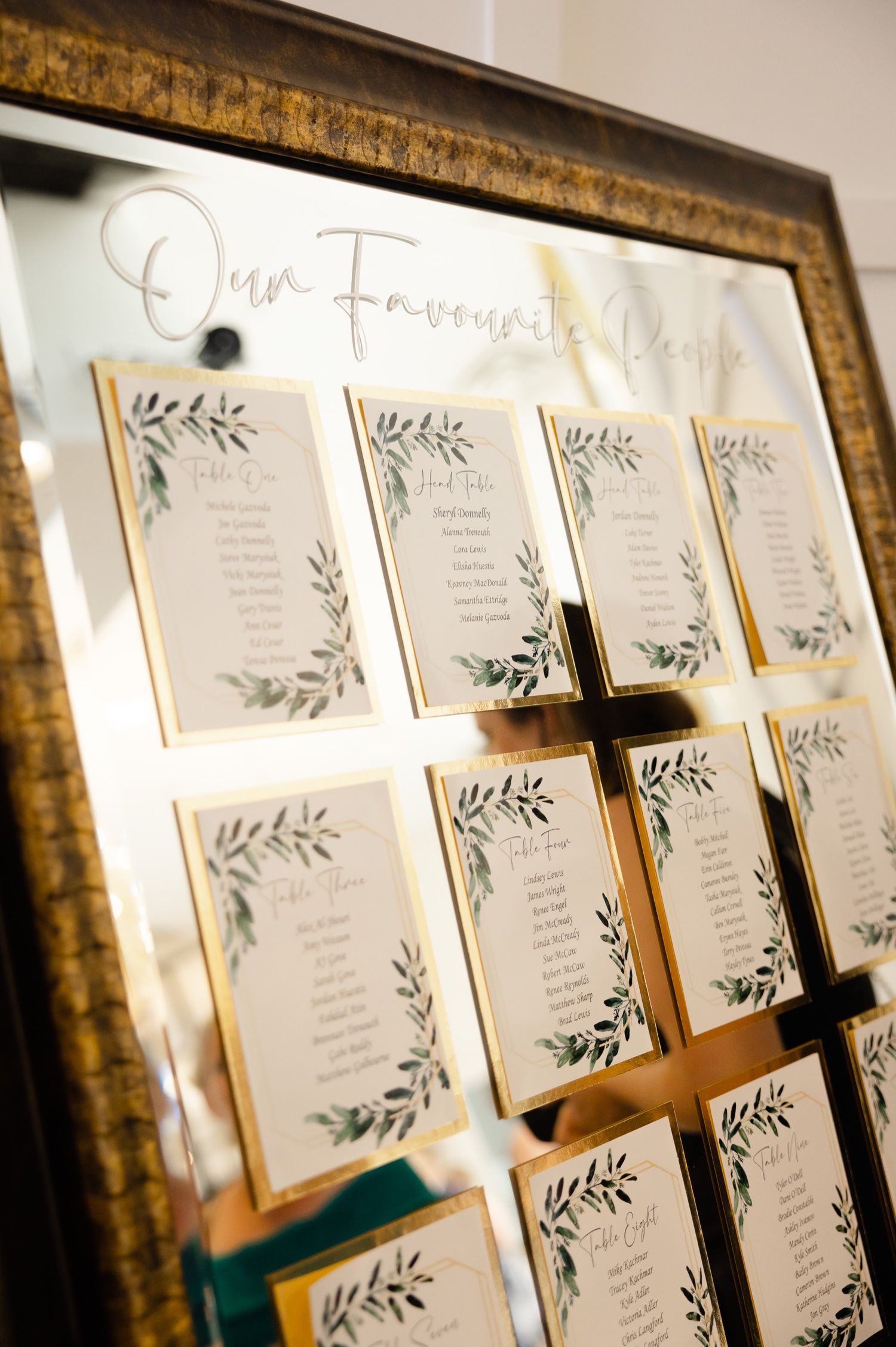Elegant wedding seating chart displayed in ornate gold frame with greenery-decorated name cards.