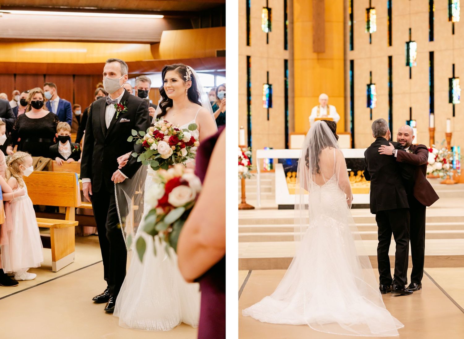 Wedding ceremony moments captured in church with modern interior design elements.