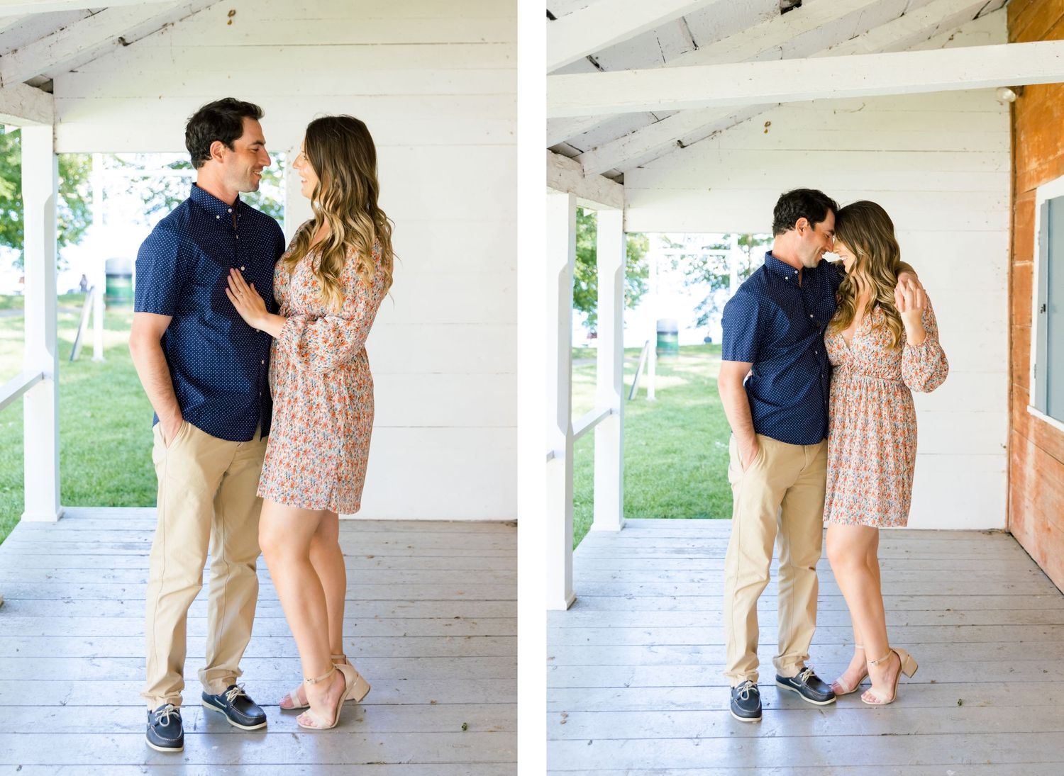 Couple in coordinated outfits share intimate moments on a covered porch.