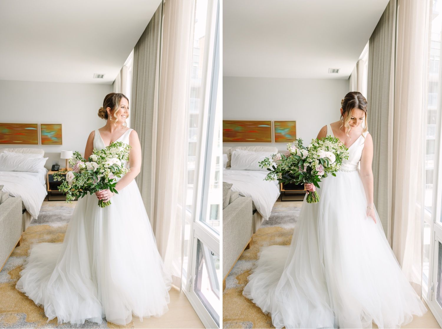 Wedding photos of a bride in white gown by large windows holding a romantic floral bouquet.