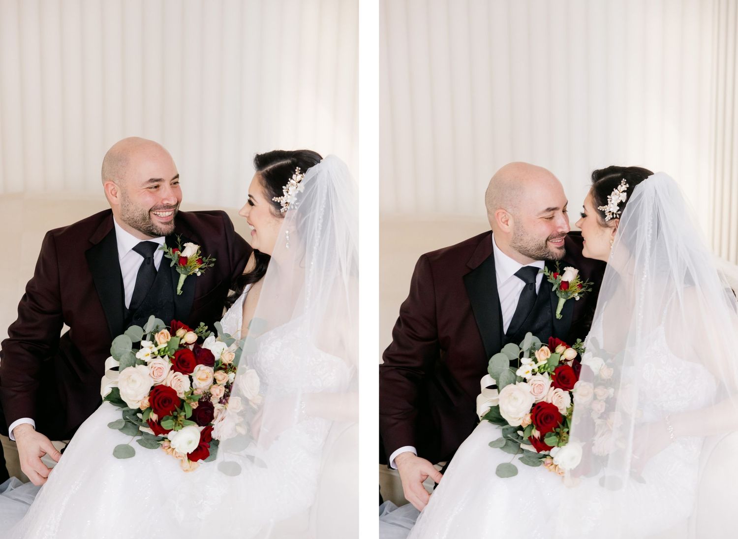 Side by side wedding photos showing couple sharing intimate conversation with floral bouquet.