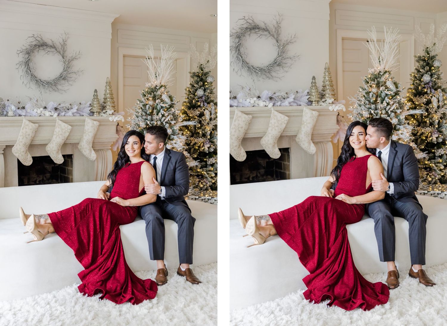 Side-by-side romantic holiday photos by decorated fireplace with red dress and grey suit.