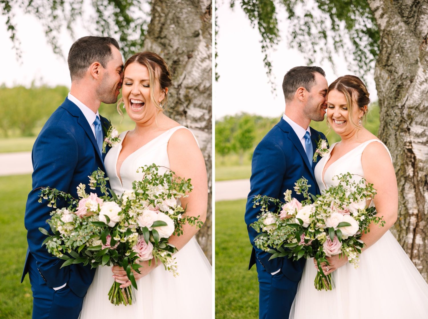 Joyful wedding couple shares romantic moment with beautiful bouquet under willow tree.
