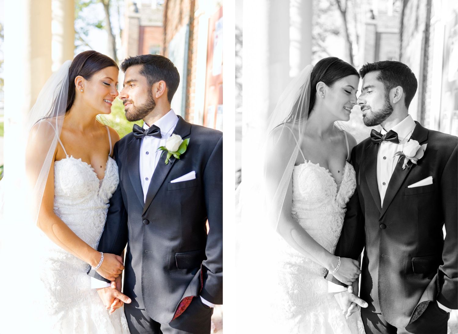 Side-by-side wedding portraits showing an intimate moment between a couple in formal attire.