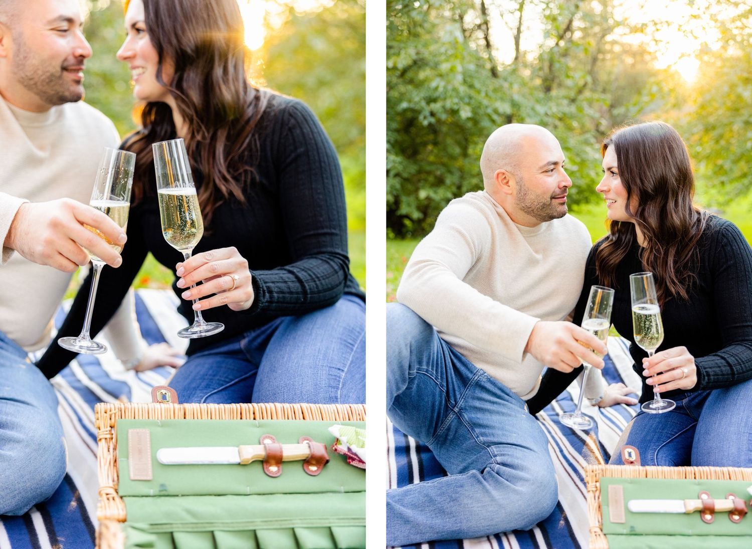 Couple toasting with champagne glasses during intimate outdoor picnic.