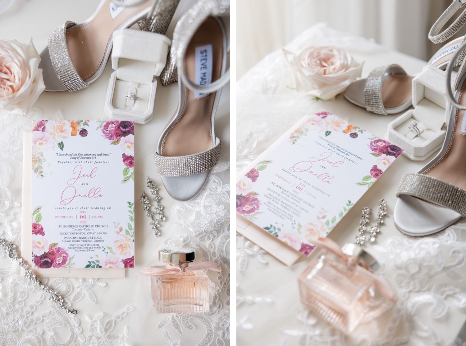 Wedding details flatlay with pink floral invitation, perfume bottle, and elegant silver shoes.
