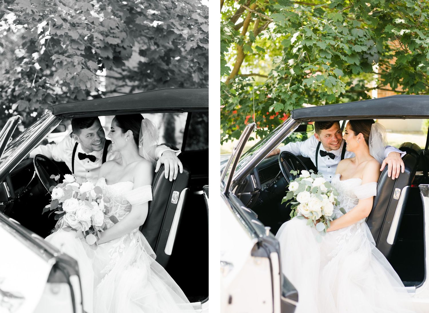Black and white and color wedding photos of couple in vintage car with bouquet.