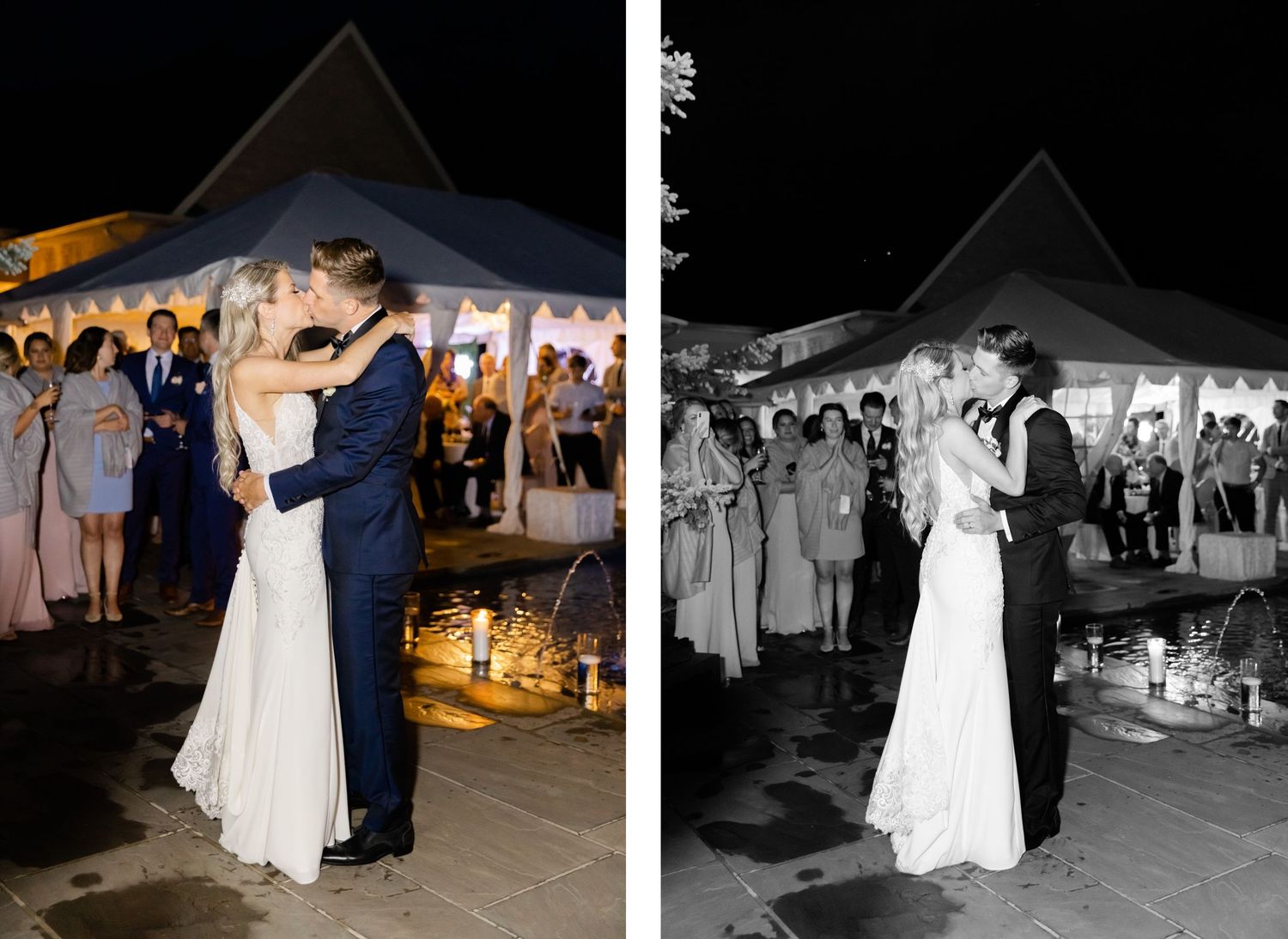 Side-by-side color and black-and-white photos of couple's first dance at outdoor wedding reception.