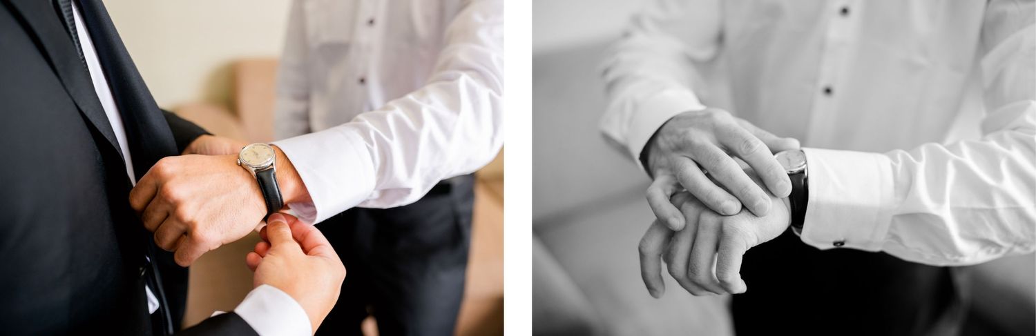 Close-up detail shots of a groom adjusting formal wear cuffs and sleeves during wedding preparations.