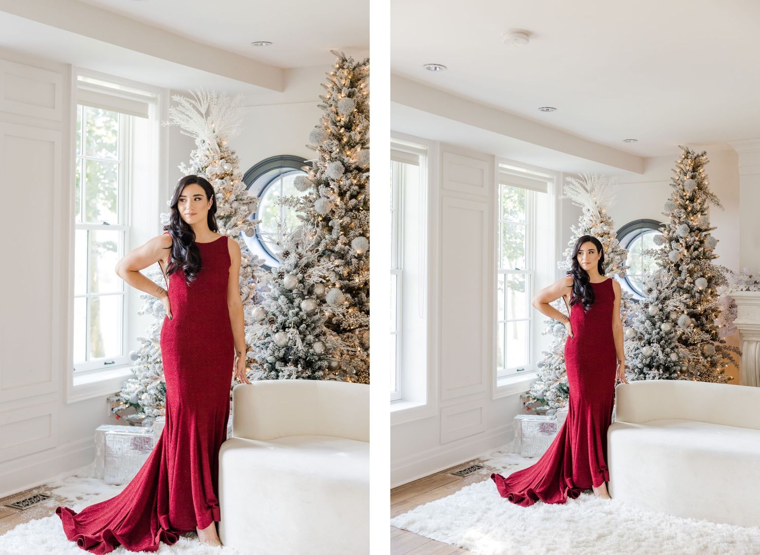 Elegant winter portrait session with fitted red evening gown and snow-covered Christmas trees.