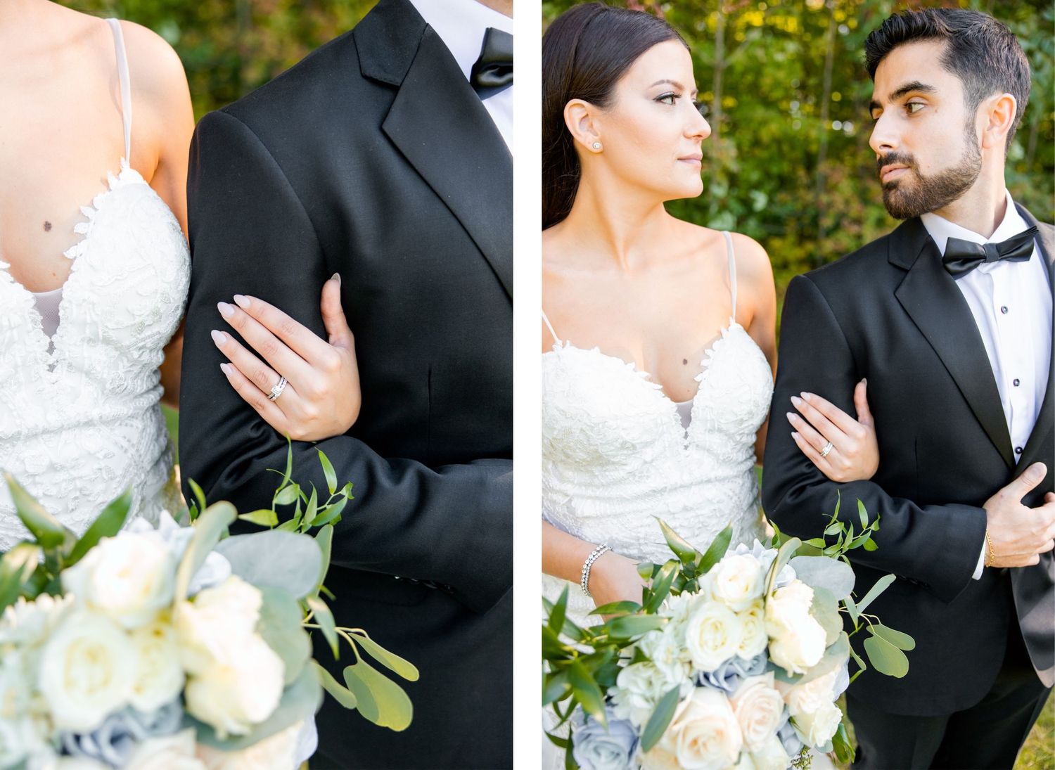 Split wedding portrait showing close-up details and full romantic pose with white floral bouquet.