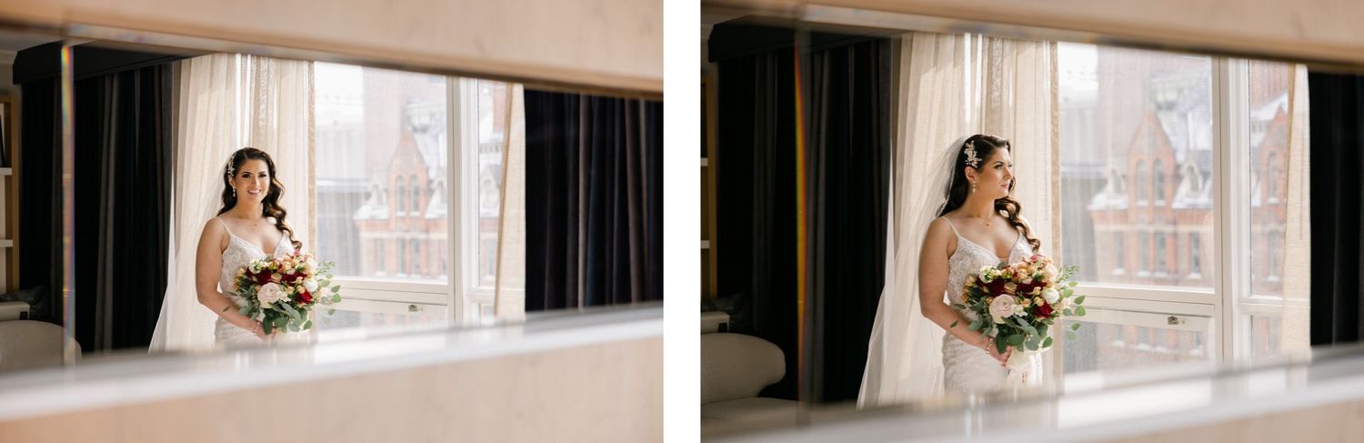 Two wedding photos showing a bride with a bouquet standing by large windows with city views.