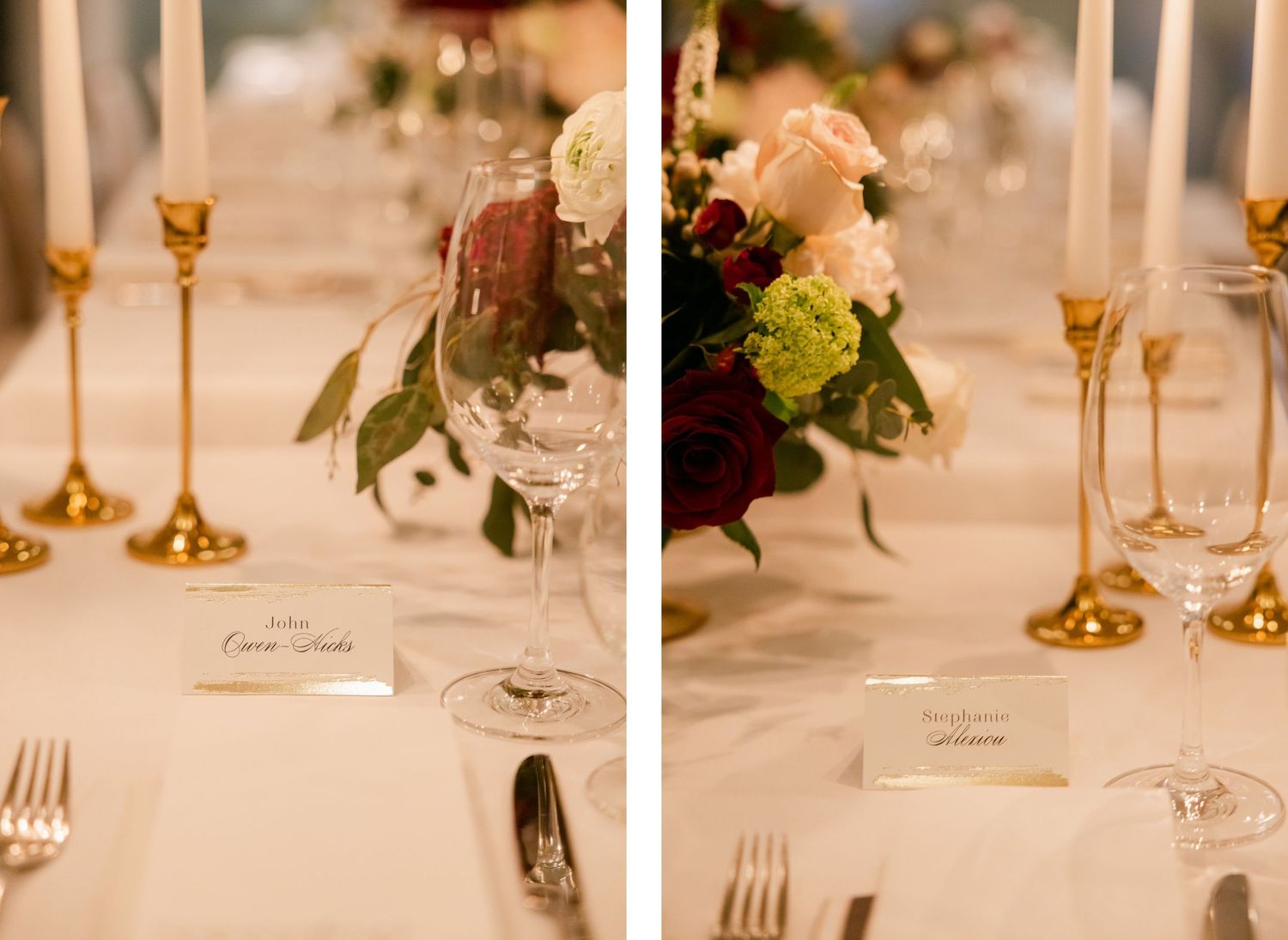 Formal place settings with name cards, golden candlesticks and delicate floral arrangements.