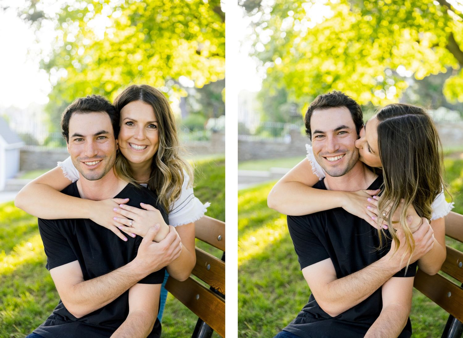 A couple embraces and shares affectionate moments during an outdoor photoshoot.