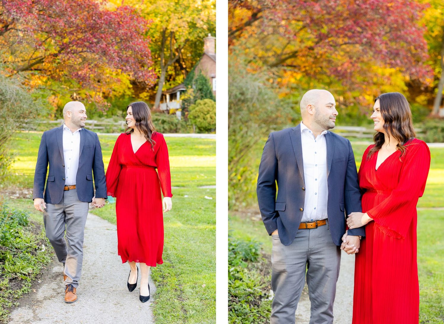 Two people walking together on a path with beautiful autumn colors in the background.