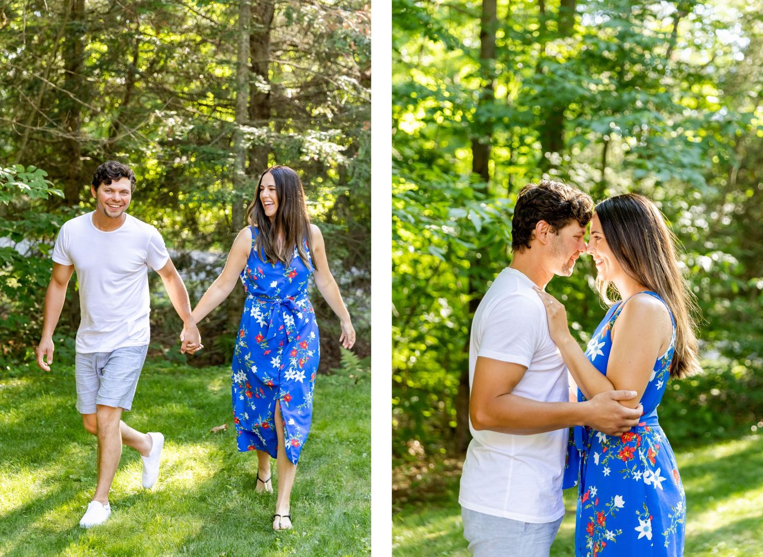 A couple shows affection while walking and posing in a sunlit forest setting.