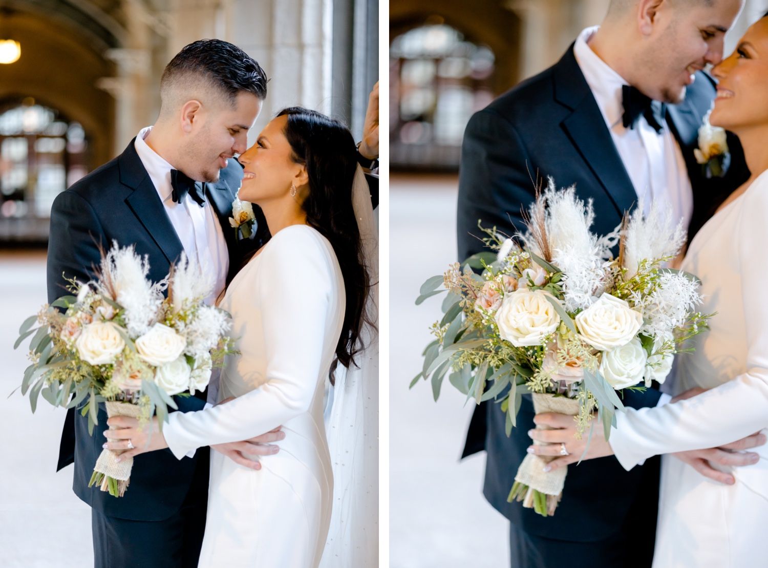 Two wedding photos side by side showing intimate moments in a stone corridor with white florals.