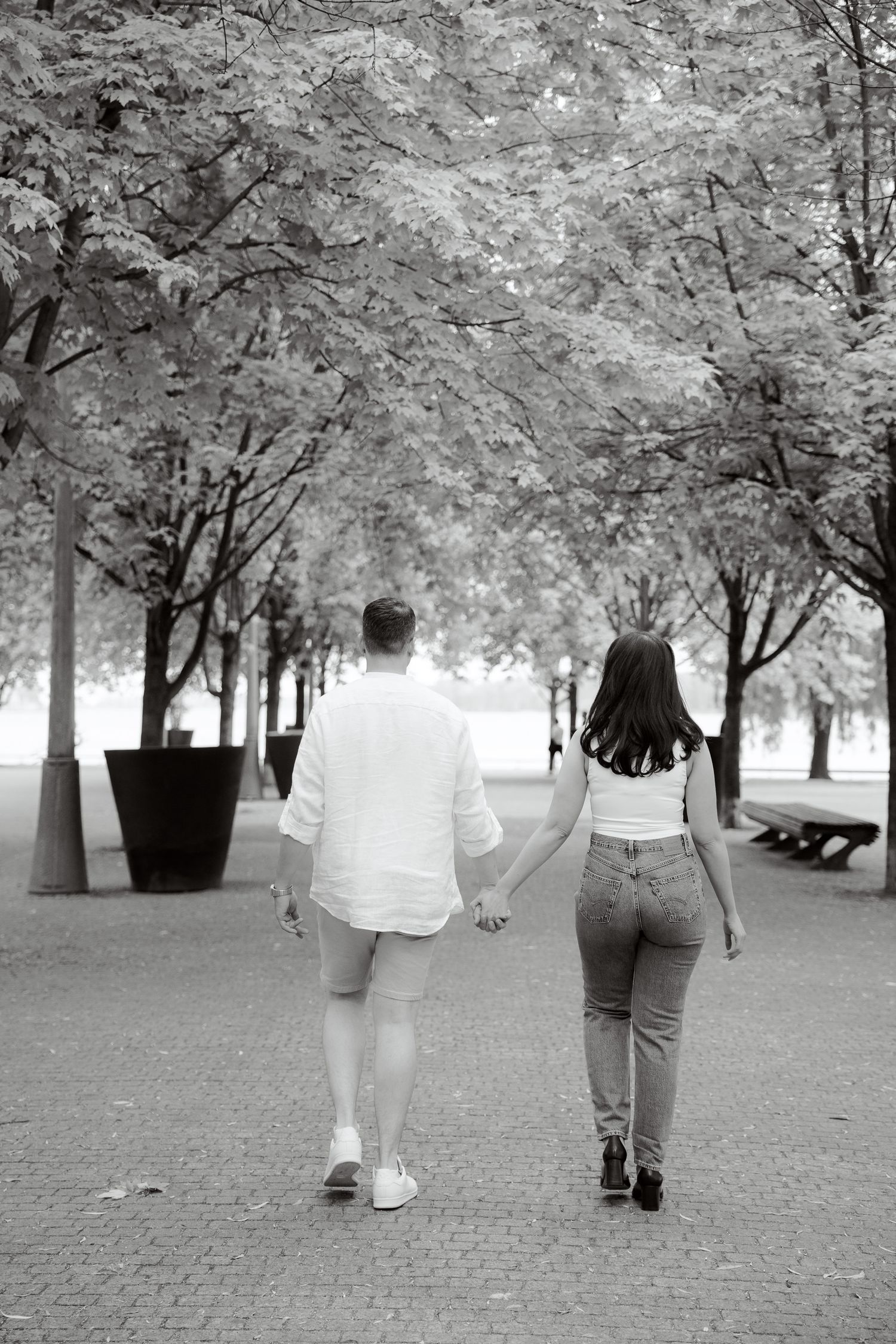 A couple walks hand in hand down a tree-lined path on a romantic afternoon stroll.