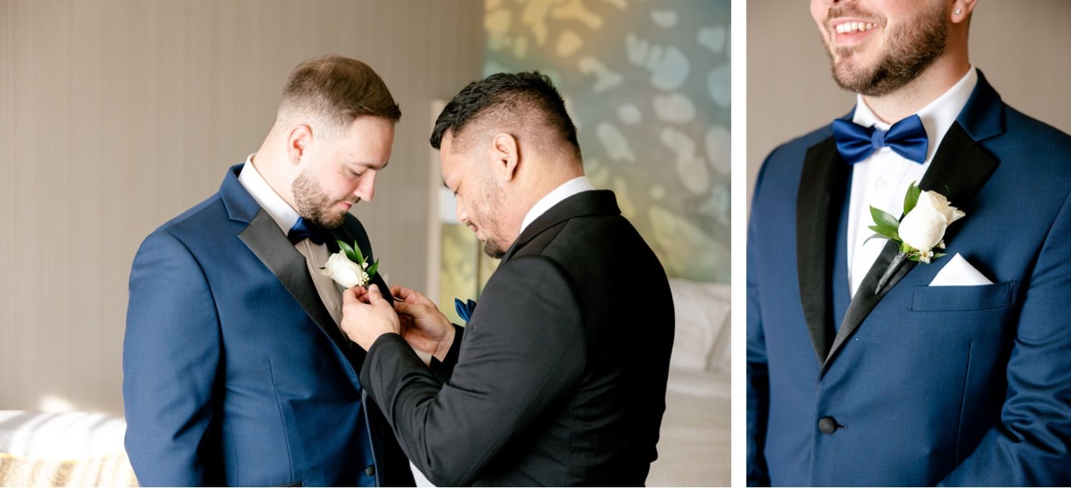Wedding preparation moments showing boutonniere pinning and formal attire details.