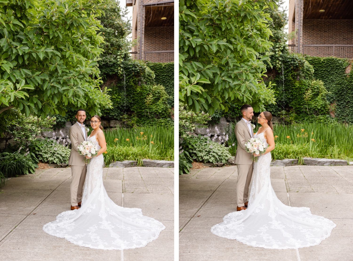 Wedding couple poses in formal attire with stunning lace train against garden backdrop.
