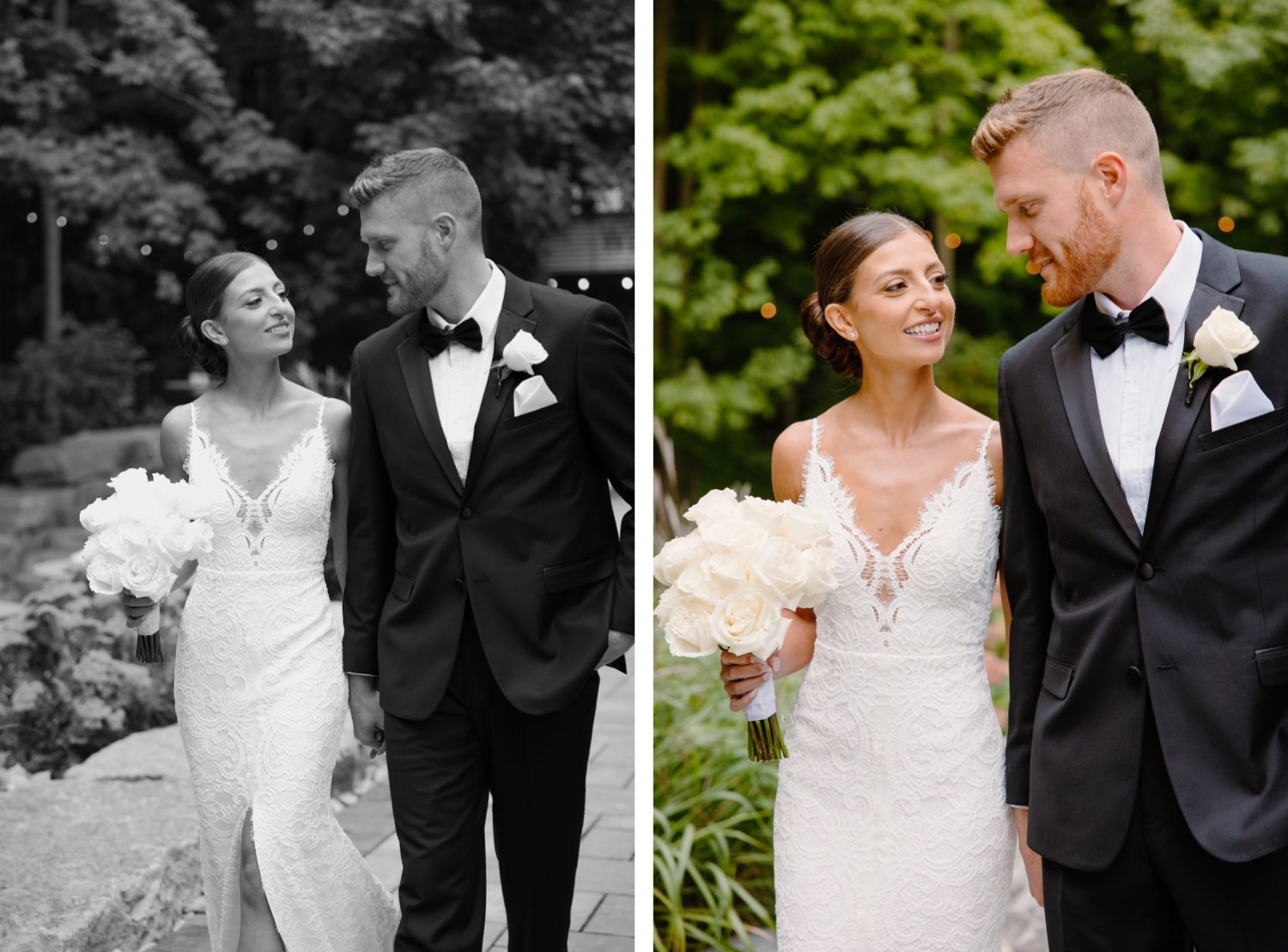 Side-by-side wedding photos showing the same romantic moment in color and black and white.