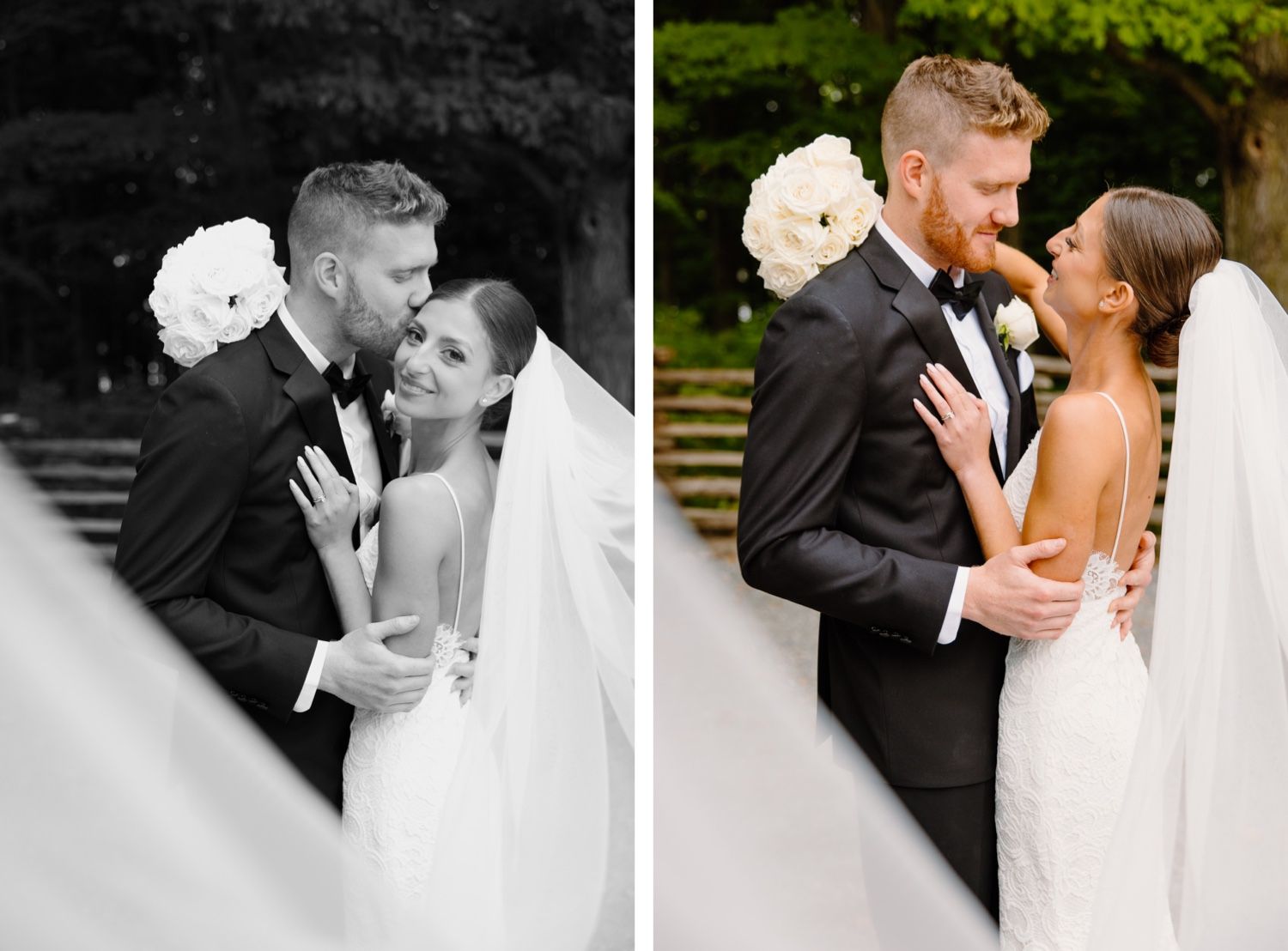 Intimate wedding portrait captured in both color and monochrome styles.
