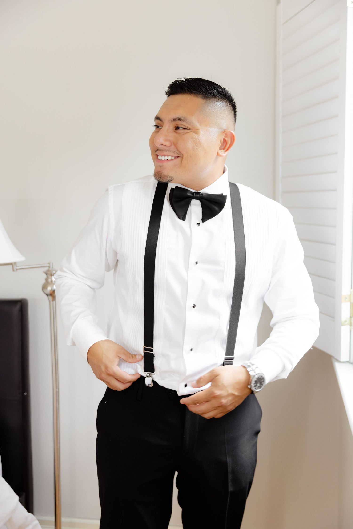 Collage of a person wearing a white tuxedo shirt and black suspenders getting ready for a formal occasion.
