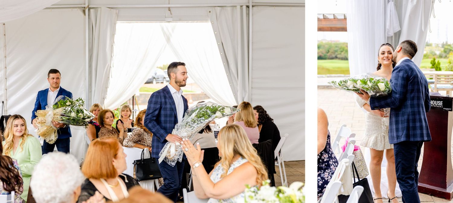 Guests celebrate with floral bouquets at an elegant outdoor reception.