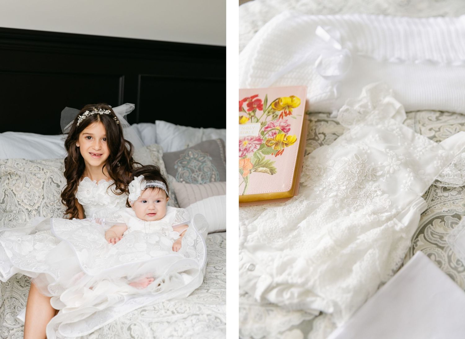 A split image showing white lace fabric and a decorative cookie on a bed.