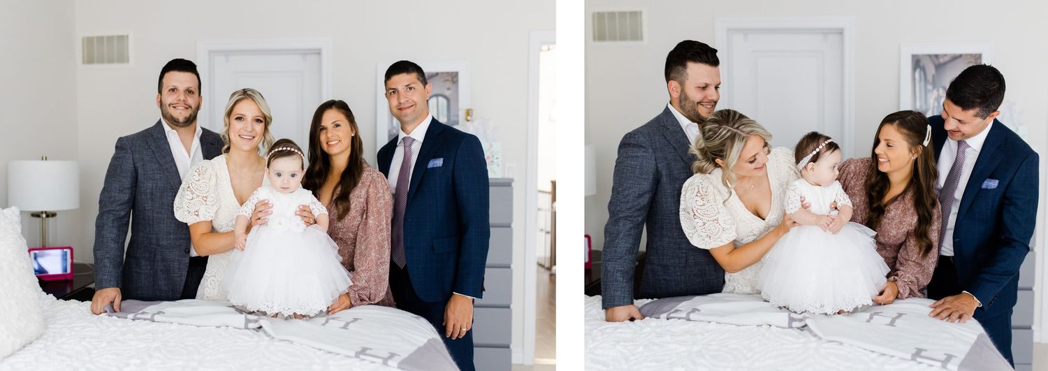 Family portrait series showing formal and casual poses on bed in bedroom setting.