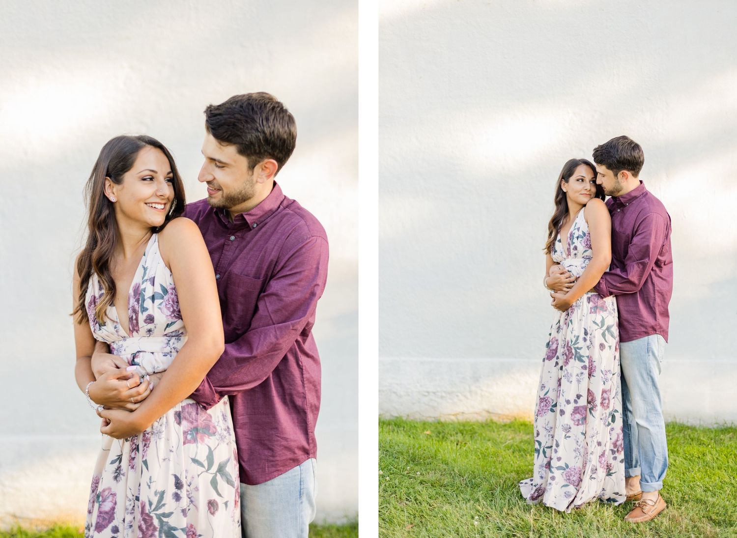 Couple in coordinating outfits poses for romantic photos in an outdoor setting.