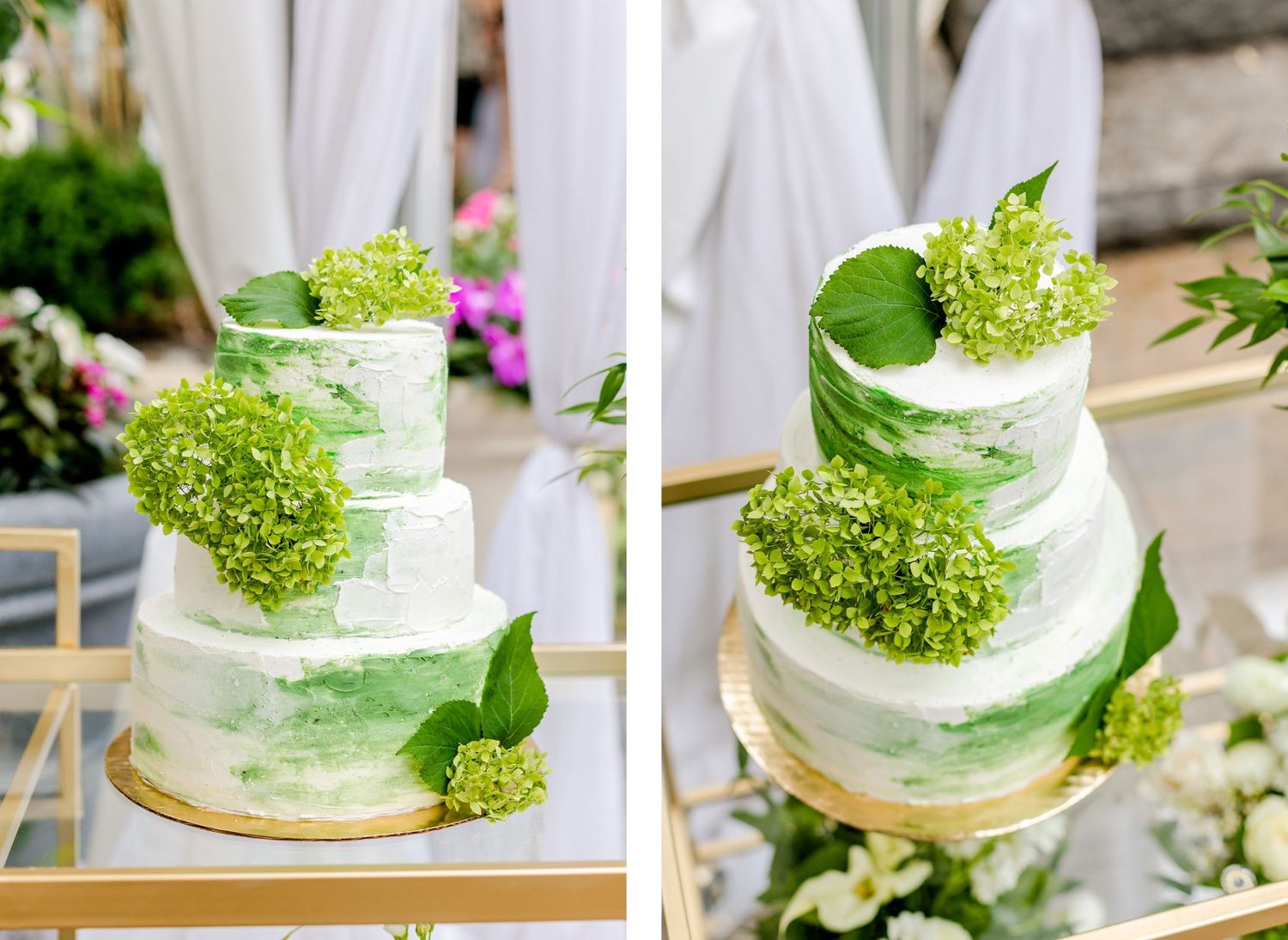 Three-tiered white and green wedding cake decorated with fresh hydrangea blooms and watercolor details.
