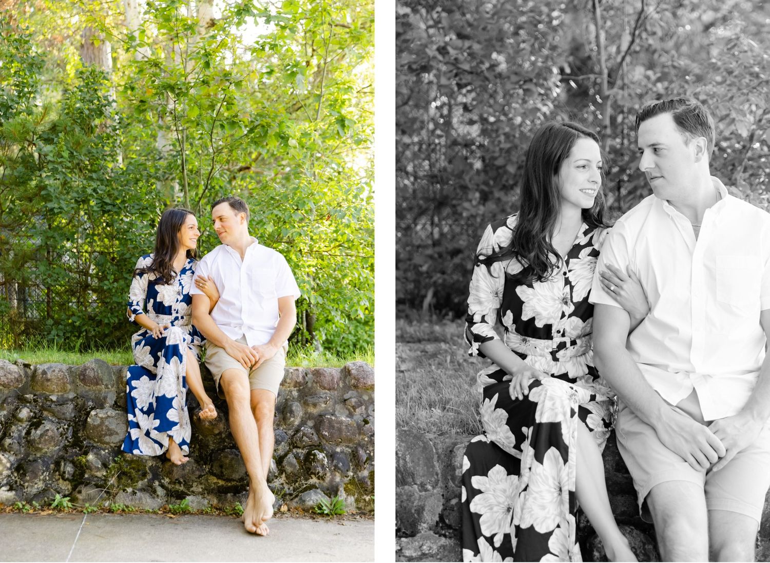 Side-by-side color and black-and-white photos of a couple leaning against a stone wall outdoors.
