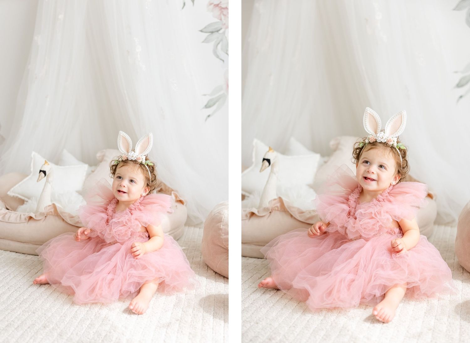 Side-by-side photos of a child in pink dress and bunny ears crown sitting on a light-colored floor.