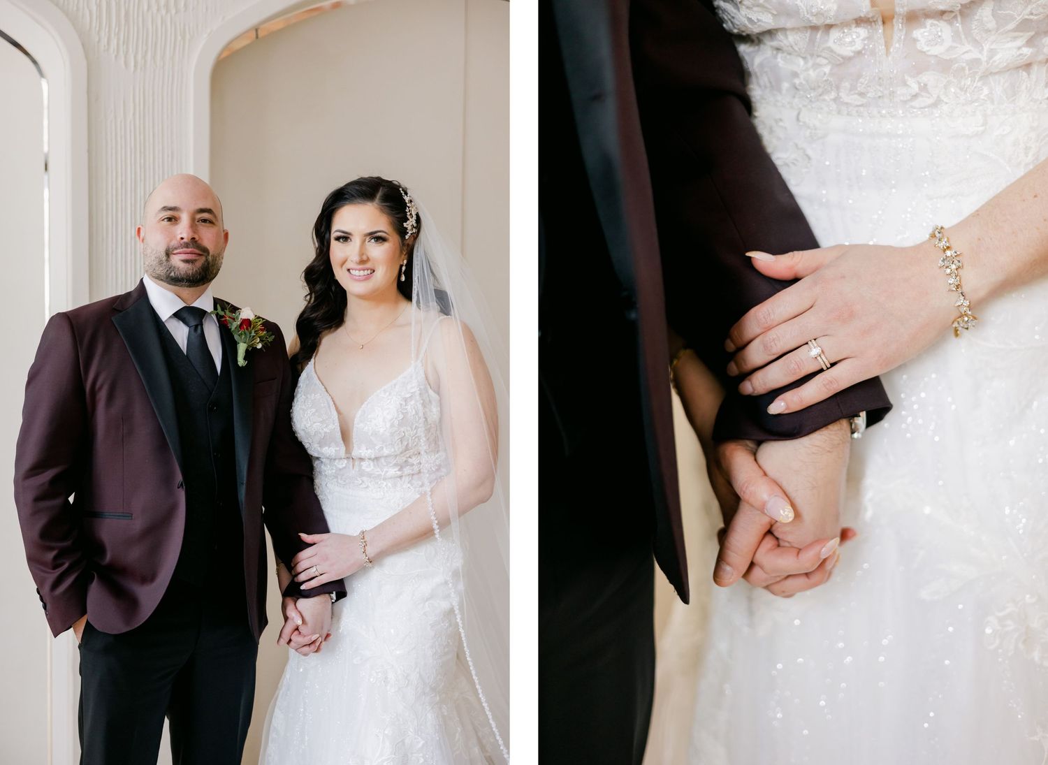 Side-by-side wedding portraits showing couple and detailed hand holding shot.