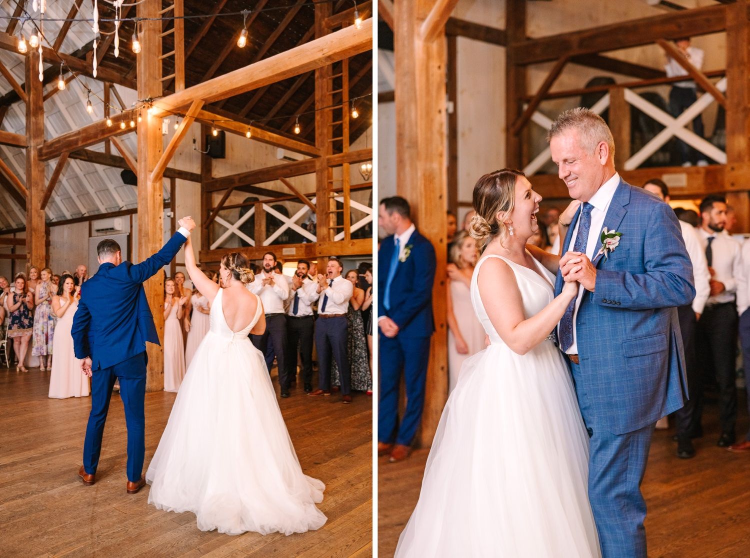 Wedding couple dancing and twirling in rustic barn reception venue.