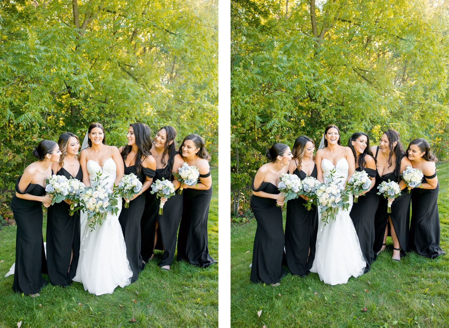 Split image shows wedding party in formal attire posing together outdoors.