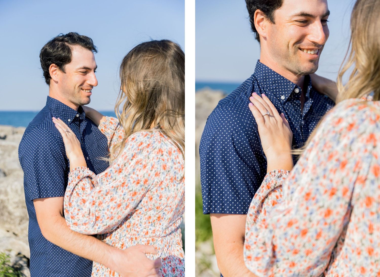 Split image showing tender moments between a couple by the ocean.