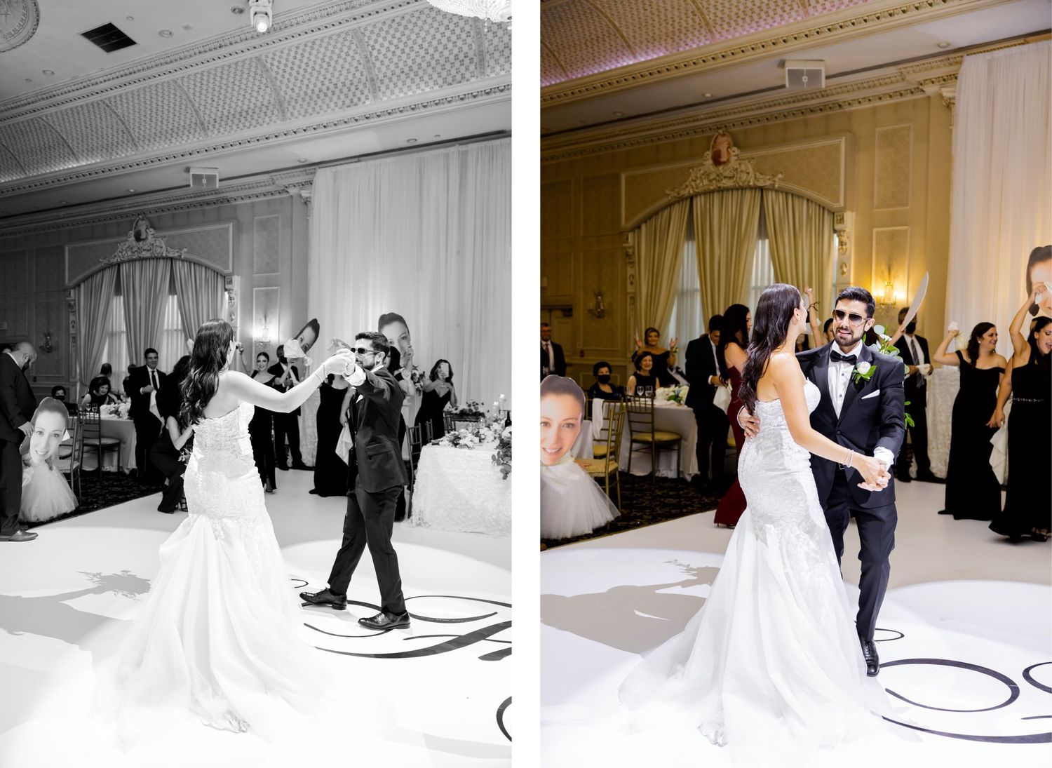 Wedding dance floor scene showing celebration in both black and white and color.