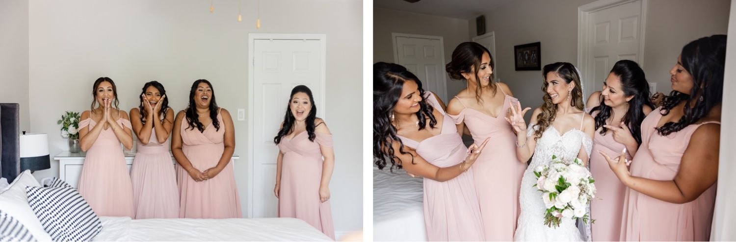 Bridesmaids in blush pink dresses share joyful moments during wedding preparations.