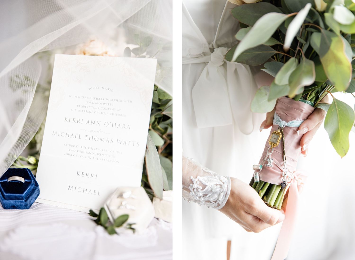 Wedding invitation and blue velvet ring box styled with soft white tulle and greenery.