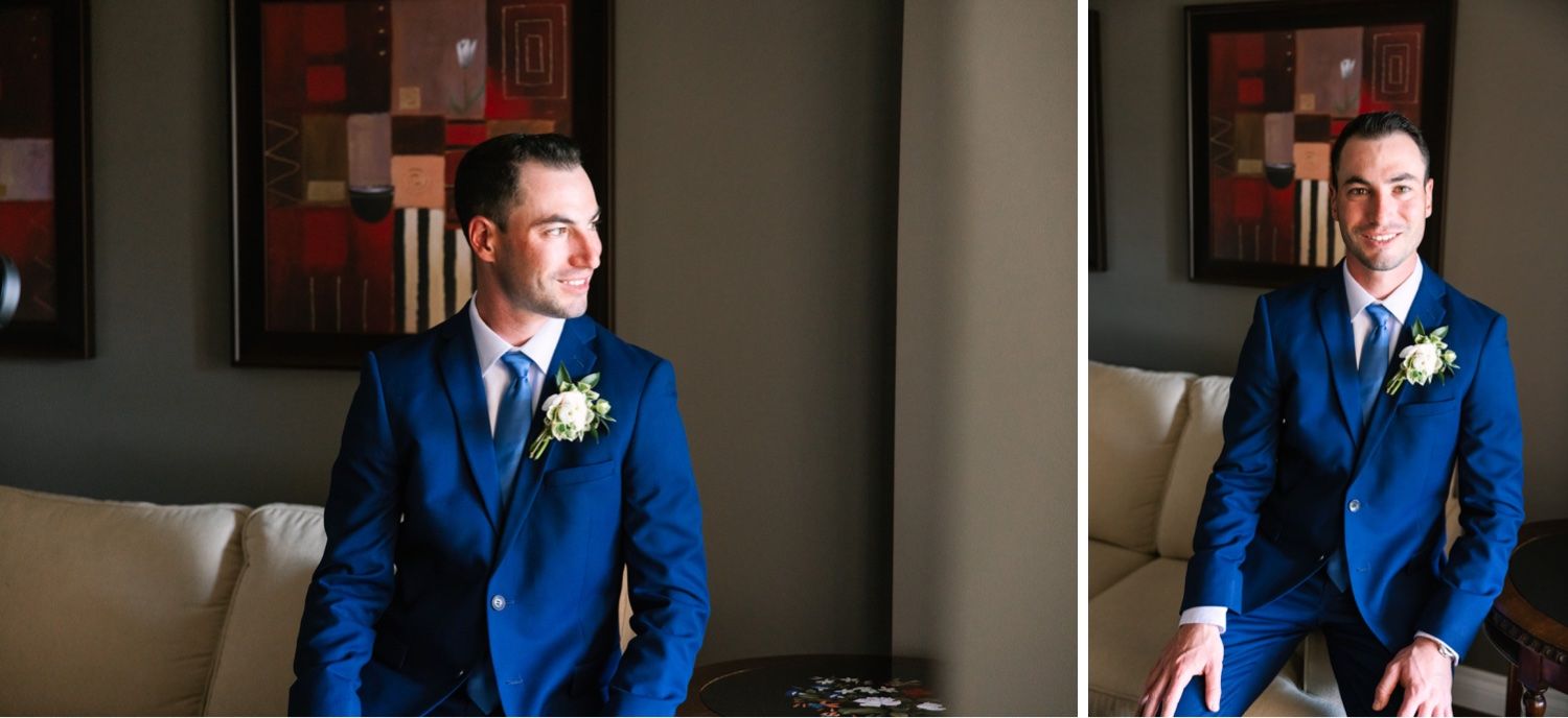 Side-by-side portraits showcase a blue suited figure in elegant indoor lighting.